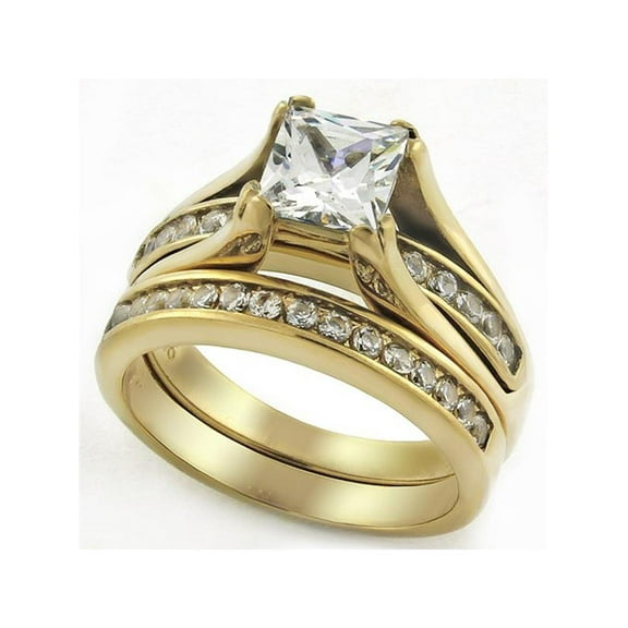 Women's 2.10 Carat Zirconia Gold Plated Stainless Steel 316 Weddding Ring Set Size 10