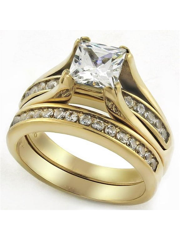 Women's 2.10 Carat Zirconia Gold Plated Stainless Steel 316 Weddding Ring Set Size 7