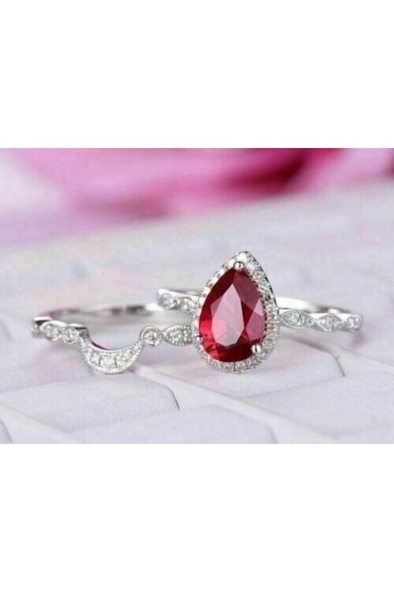 Women's 2.20Ct Pear Cut Red Ruby Halo Wedding Ring Set 14K White Gold Plated