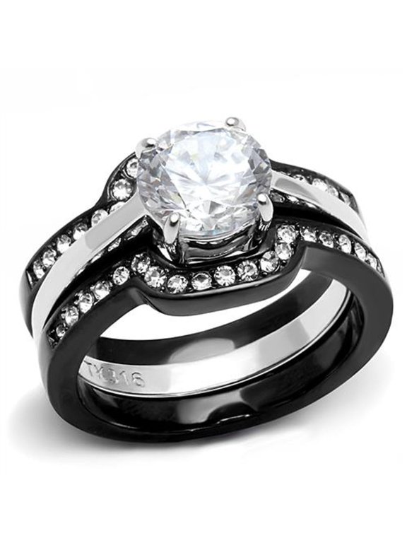 Women's 2.25 Ct Round Cut Cz Black Stainless Steel Wedding Ring Set Size 5-11
