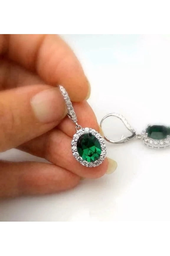 Women's 2.50Ct Oval Cut Simulated Green Emerald Women's Dangle Halo Earrings 14K White Gold Plated 925 sILVER