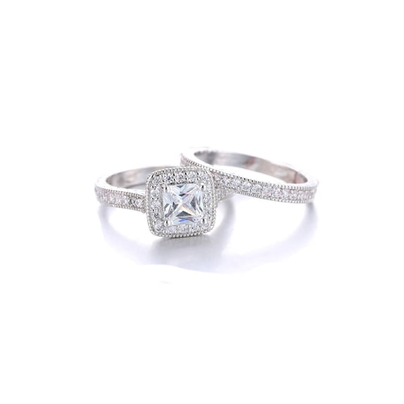 Women's 2.50ct Halo Style Princess Cut Cubic Zirconia Sterling Silver Wedding Ring Set