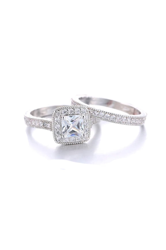 Women's 2.50ct Halo Style Princess Cut Cubic Zirconia Sterling Silver Wedding Ring Set