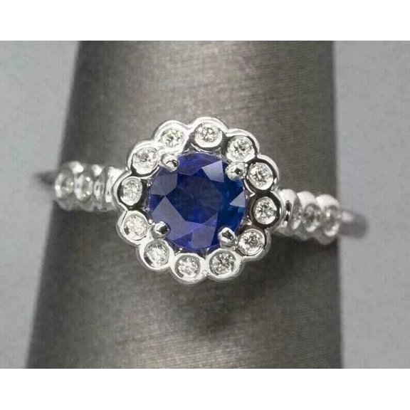Women's 2 Ct Round Cut Blue Sapphire Halo Engagement Ring 14k White Gold Plated