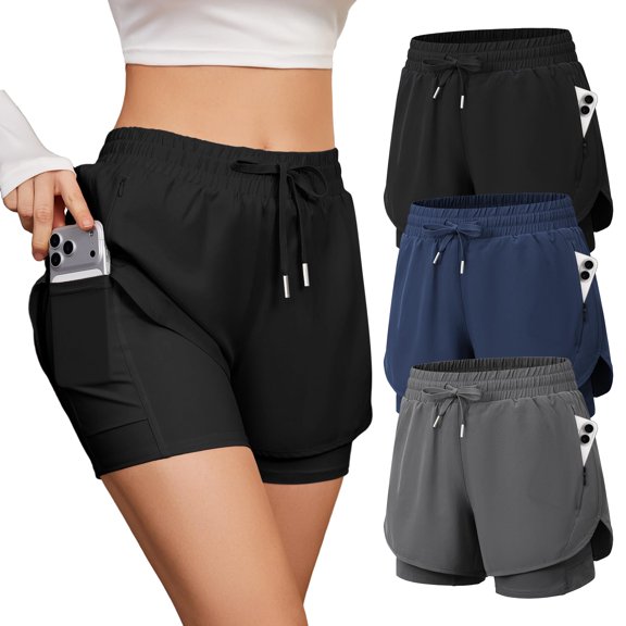 Women's 2 In 1 Athletic Shorts 3c-black,navy,dark Grey, Small, 3 Pack High Waisted Workout Use