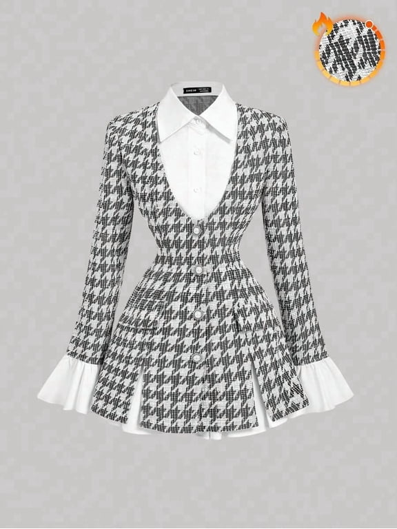 Women's 2 In 1 Black And White Waist-Cinching Long Sleeve Flounced Suit Blazer,Elegant Office Wear,Business Casual For Autumn,Back-To-School Fashion