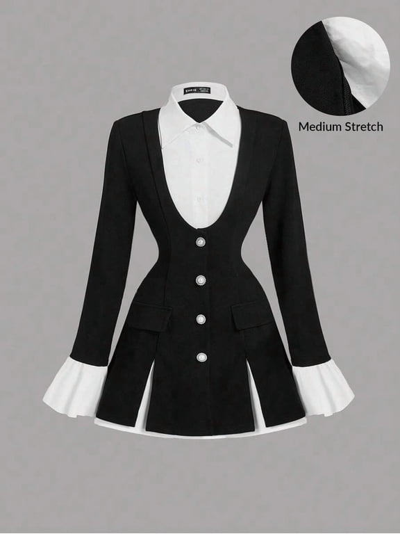Women's 2 In 1 Black And White Waist-Cinching Long Sleeve Flounced Suit Blazer,Elegant Office Wear,Business Casual For Autumn,Back-To-School Fashion