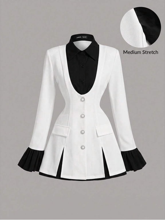 Women's 2 In 1 Black And White Waist-Cinching Long Sleeve Flounced Suit Blazer,Elegant Office Wear,Business Casual For Autumn,Back-To-School Fashion