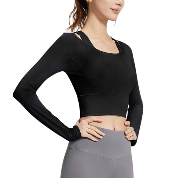 Women's 2 In 1 Yoga Long Sleeve Mesh Fitness Top Medium Support Workout Shirt Breathable Athletic Sports Tee For Plus Size