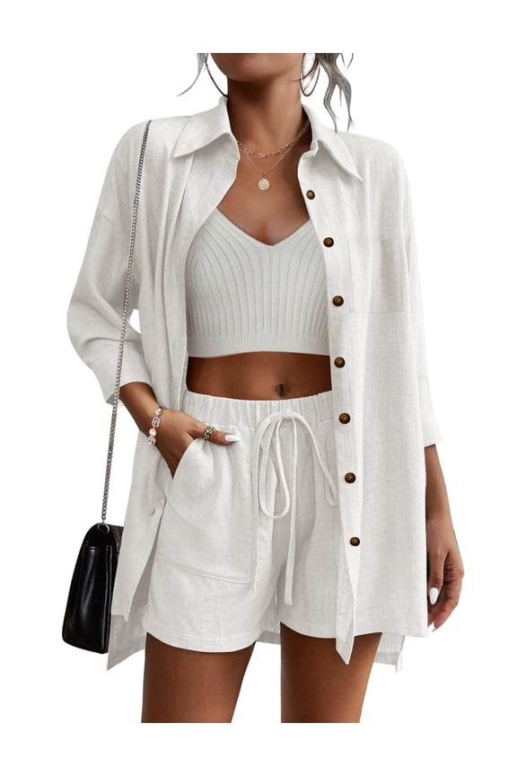 Women's  2 PC Outfits 3/4 Sleeve Button Up Shirt & Shorts Set, White XX-Large