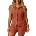 thumbnail image 1 of Women's 2 PC Set Textured Button Down Shirts Shirt and Shorts Casual Summer Matching Outfit Slimming Lounge Sets Brown 2XL, 1 of 7