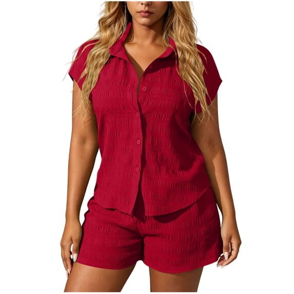 Women's 2 PC Set Textured Button Down Shirts Shirt and Shorts Casual Summer Matching Outfit Slimming Lounge Sets Wine S
