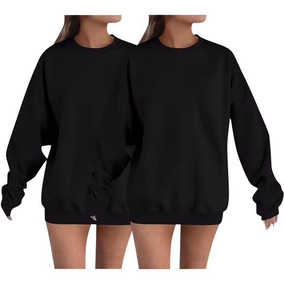 Women's 2 PC Solid Color Sweatshirt Set, Fall Winter Oversized Long Sleeve Round Neck Pullover Tops, Casual Comfortable Loungewear Set for Daily Wear and Seasonal Fashion Black L