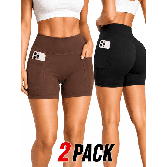 Women's 2 Pack Biker Shorts with 2 Pockets, High Waisted Butt Lift Yoga Workout RunningGym Shorts,Black,Brown