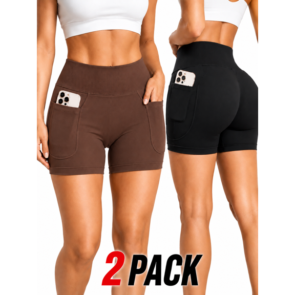 Women's 2 Pack Biker Shorts with 2 Pockets, High Waisted Butt Lift Yoga Workout RunningGym Shorts,Black,Brown