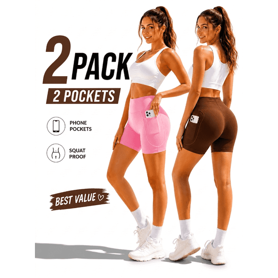 Women's 2 Pack Biker Shorts with 2 Pockets, High Waisted Butt Lift Yoga Workout RunningGym Shorts,Light Pink, Brown