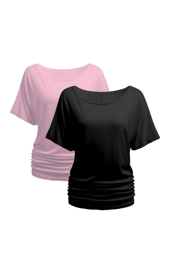 Women's 2-Pack Black Short Dolman Sleeve Tops, Casual Boat Neck Tees