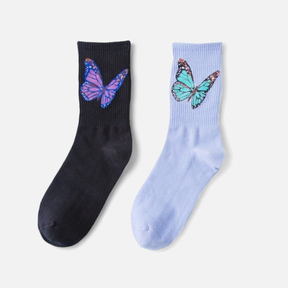Women's 2-Pack Butterfly Graphic Crew Socks Soft Knit Ribbed Cuff Stylish Casual Sock Set - Black Blue