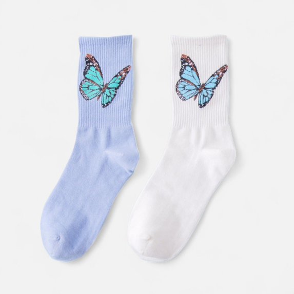 Women's 2-Pack Butterfly Graphic Crew Socks Soft Knit Ribbed Cuff Stylish Casual Sock Set - Blue White