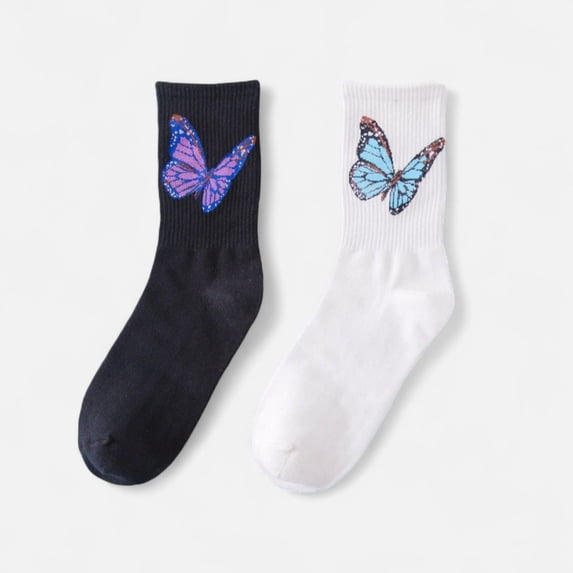 Women's 2-Pack Butterfly Graphic Crew Socks Soft Knit Ribbed Cuff Stylish Casual Sock Set - White Black
