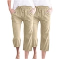 thumbnail image 1 of Women’s 2 Pack Capris Pants Linen Breathable Casual Sweatpants Elastic Waist Drawstring Straight Trousers, 1 of 6