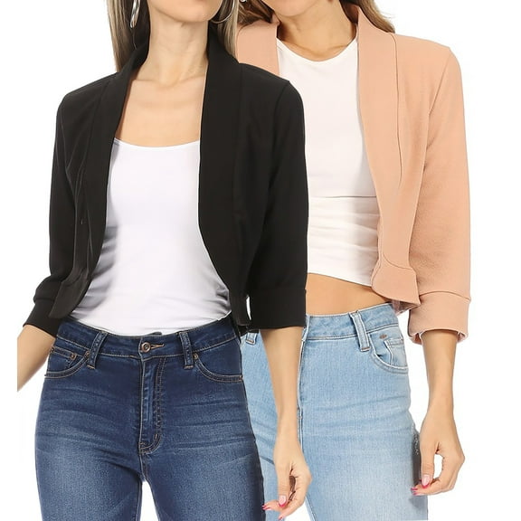Women's 2 Pack Casual 3/4 Sleeve Bolero Open Front Cardigan Jacket Work Office Blazer
