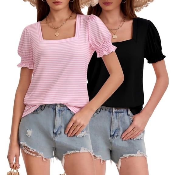 Women's 2-Pack Casual Loose T-Shirts Square Neck Ruffle Puff Sleeve Short Sleeve Summer Tops Black/pinkstripe