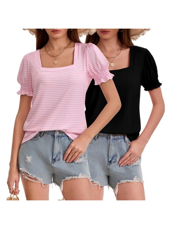 Women's 2-Pack Casual Loose T-Shirts Square Neck Ruffle Puff Sleeve Short Sleeve Summer Tops Black/pinkstripe