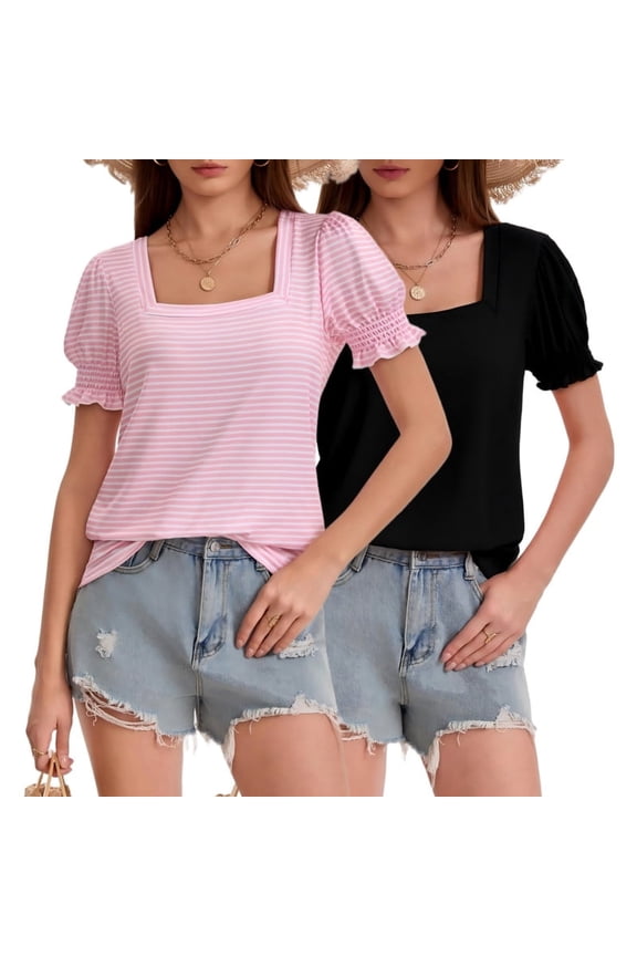 Women's 2-Pack Casual Loose T-Shirts Square Neck Ruffle Puff Sleeve Short Sleeve Summer Tops Black/pinkstripe