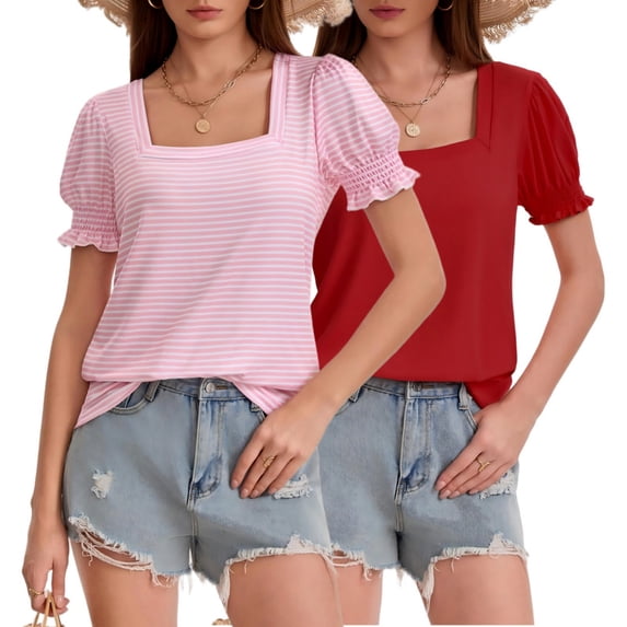 Women's 2-Pack Casual Loose T-Shirts Square Neck Ruffle Puff Sleeve Short Sleeve Summer Tops pinkstripe/Red