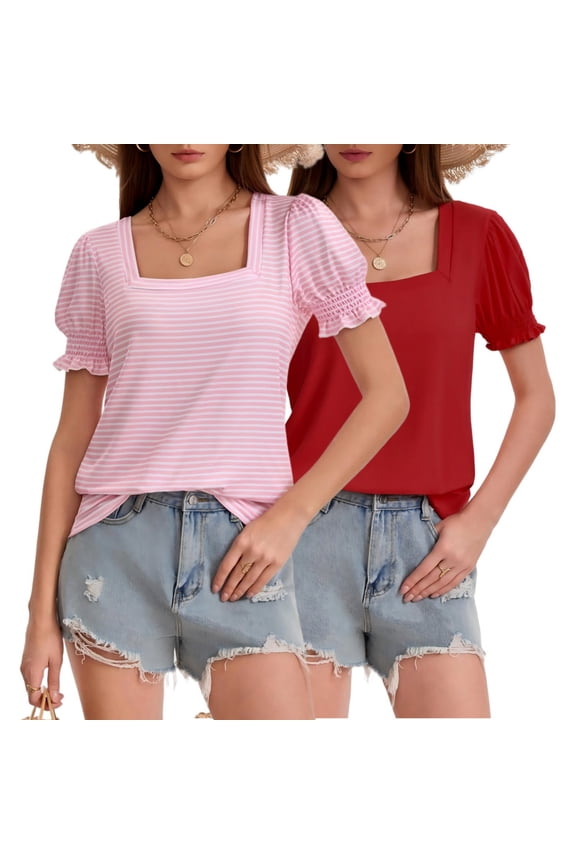 Women's 2-Pack Casual Loose T-Shirts Square Neck Ruffle Puff Sleeve Short Sleeve Summer Tops pinkstripe/Red