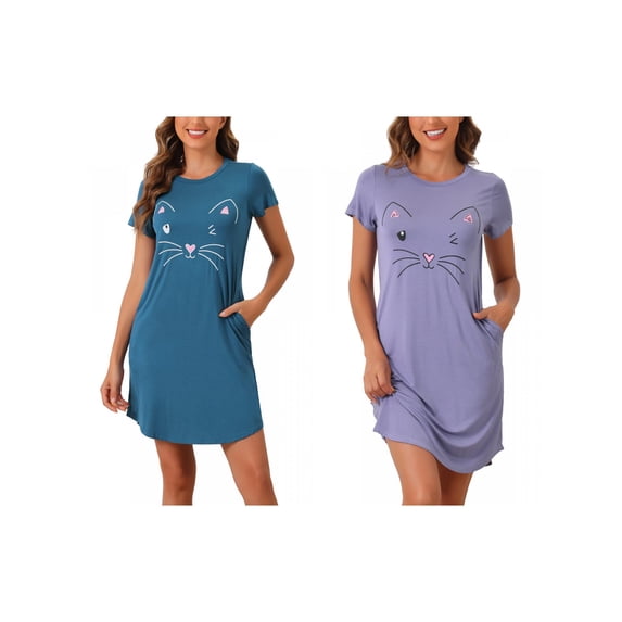 NOMADIC NOOK Women's 2-Pack Cats Pajamas Night Shirts Cute Printed Sleep Dress Short Sleeve Nightgowns Large Grey Purple/Peacoke Blue