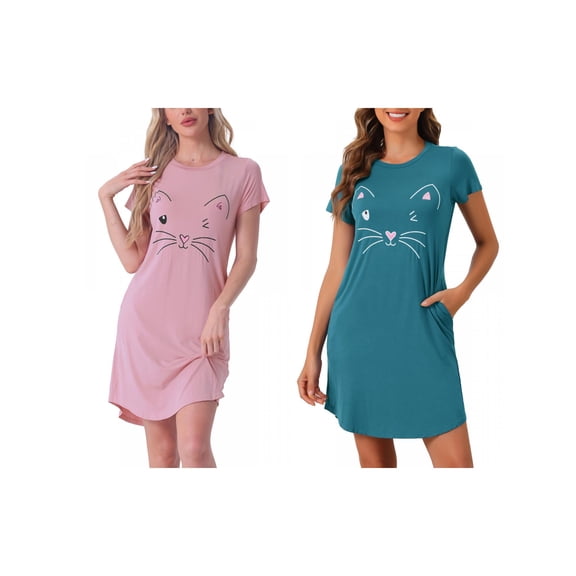 NOMADIC NOOK Women's 2-Pack Cats Pajamas Night Shirts Cute Printed Sleep Dress Short Sleeve Nightgowns Medium Pink/Peacock Green