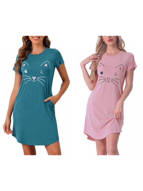 Women's 2-Pack Cats Print Sleep Dress Soft Rayon Short Sleeve Knee Length Nightgown with Pockets Small Pink/Peacock Green