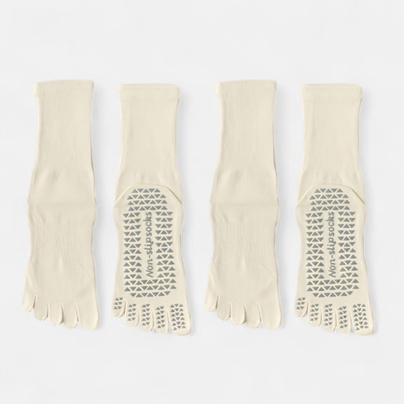 Women's 2-Pack Grip Toe Socks with Non-Slip Soles and Ribbed Knit in Neutral Tones for Yoga and Studio Classes - White