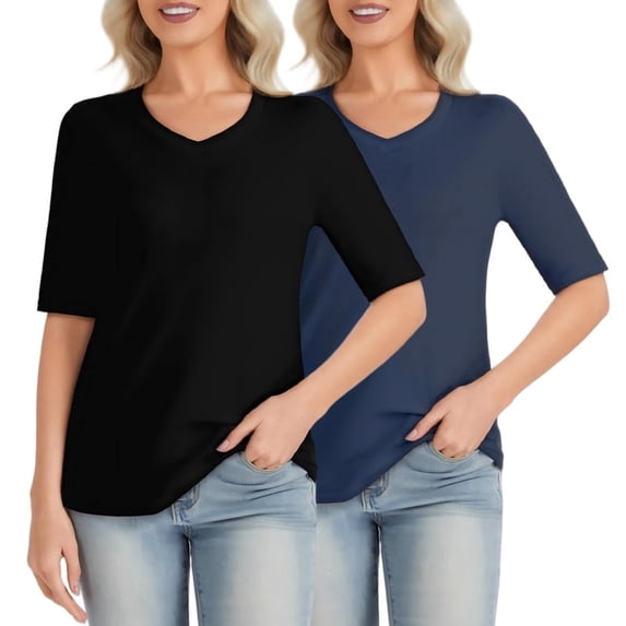Women's 2-Pack Half Sleeve V Neck T-Shirts Solid Color Casual Summer Tees Navy blue/Black