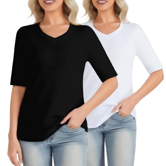 Women's 2-Pack Half Sleeve V Neck T-Shirts Solid Color Casual Summer Tees White/Black