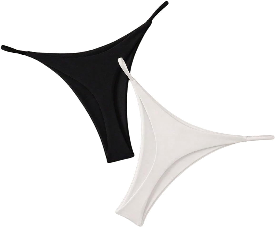 Women's 2 Pack High Cut Thong Bikini Bottoms Cheeky Swimsuit Bathing