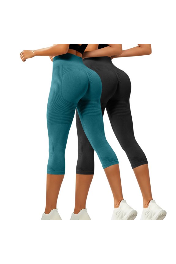 Women's 2 Pack High Waist Capri Yoga Pants, 3D Textured Seamless Tummy Control Workout Leggings with Butt Lifting Effect, Scrunch Peach Hip Gym Tights for Running Fitness Daily Wear Sky Blue XXL