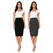 Womens 2 Pack High Waist Stretch Pull On Pencil Midi Skirt Casual Office Soft Fit Skirt