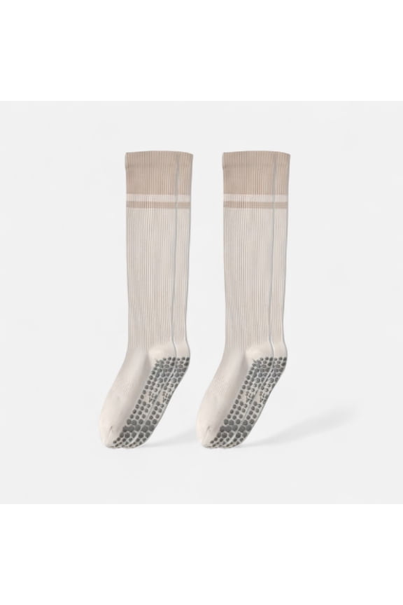 Women's 2-Pack Knee High Grip Socks with Ribbed Texture and Anti-Slip Soles for Studio Workouts - Khaki