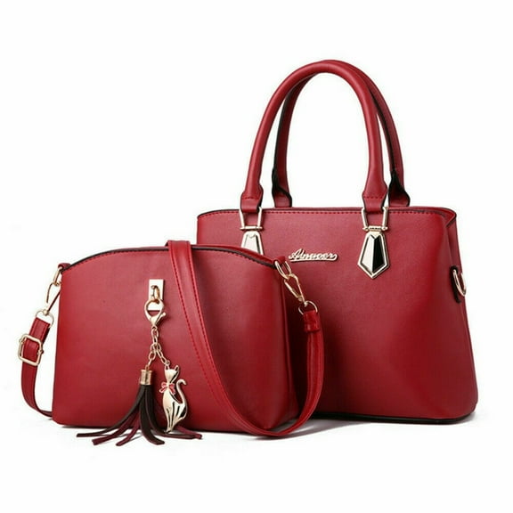 ‌Women's 2-Pack Leather Look Handbags - Stylish Hobo & Satchel Set (Wine Red)‌