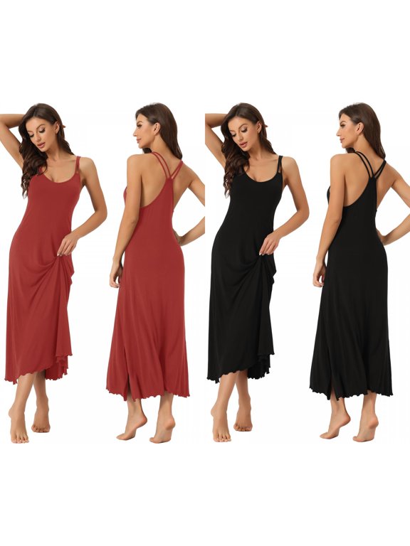 Women's 2-Pack Rayon Sleep Dress Soft Sleeveless Midi Slip Nightgown with Racerback for Lounging & Bedtime Medium Black/Red