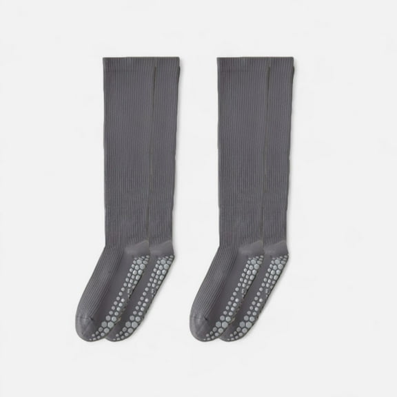 Women's 2-Pack Long Ribbed Non-Slip Socks with Grip Soles for Indoor Comfort and Support - Dark Gray