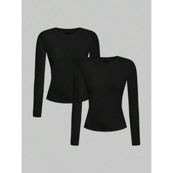 Women's 2-Pack Long Sleeve T-Shirts, Crew Neck Fitted Casual Basic Tops for Everyday Wear and Layering