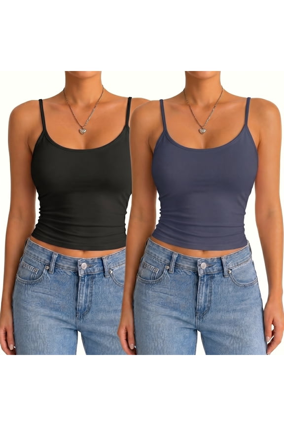 Women's 2 Pack Low Back Cropped Cami Tank Tops, Scoop Neck Soft Stretchy Spaghetti Strap Camisoles for Layering