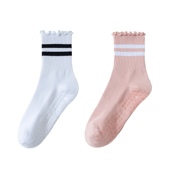 Women's 2-Pack Non-Slip Athletic Crew Socks with Ruffle Cuff and Stripe Detail Soft Stretch Fit, 2 PK-MUL C