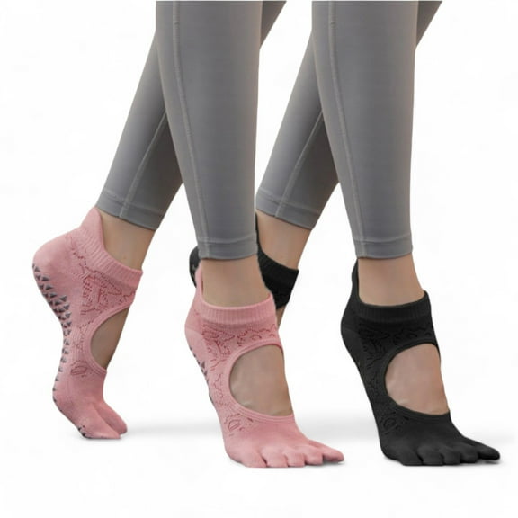 Women's 2-Pack Non-Slip Five-Toe Yoga Socks with Open Top Design for Stability and Comfort - One Size Fits Most, Black Pink