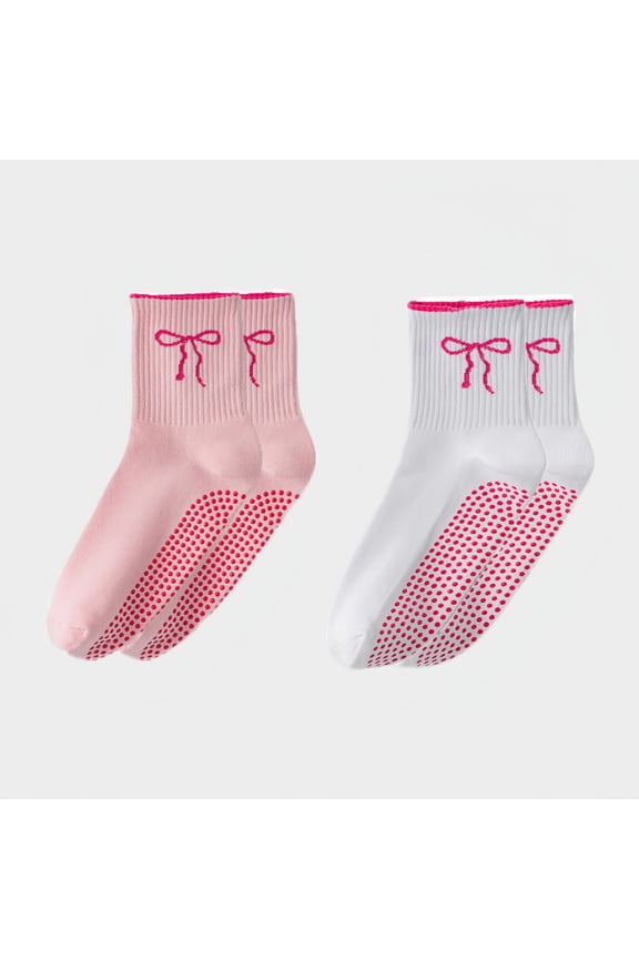 Women's 2-Pack Non-Slip Grip Socks with Bow Embroidery and Anti-Skid Dot Soles - Pink and White