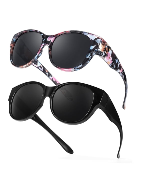Women's 2-Pack Oversized Round Sunglasses UV400 Retro Floral & Solid Black for Summer Vacation Beach Party